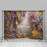 Aperturee - Aperturee Enchanted Forest Wedding Photography Backdrop Rustic Trees with Colorful Flowers Magical Garden Ceremony Prop